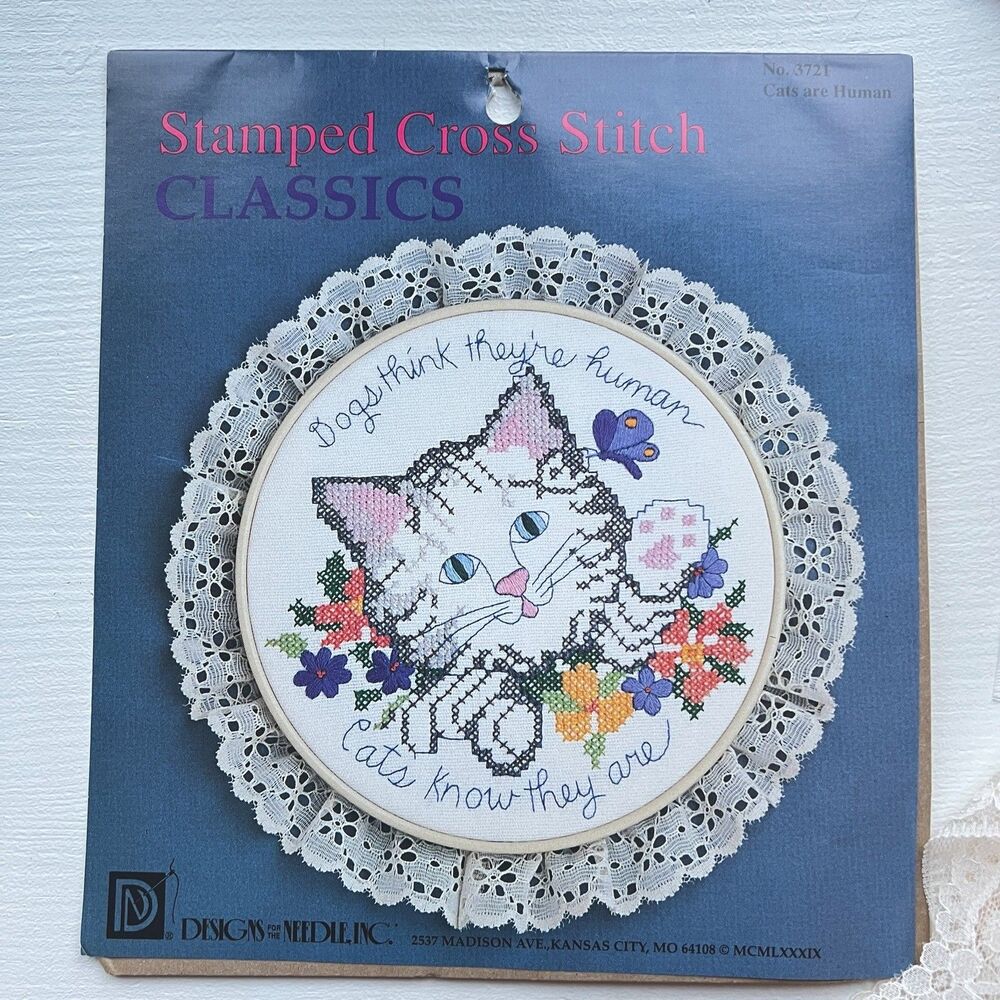 VTG  Cats Are Human stampted cross stitch 1995 kit